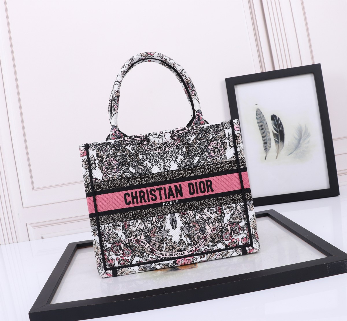 small D*or book tote white and pastel pink butterfly around the world embroidery 10.5 x 8.5 x 5.5 inches